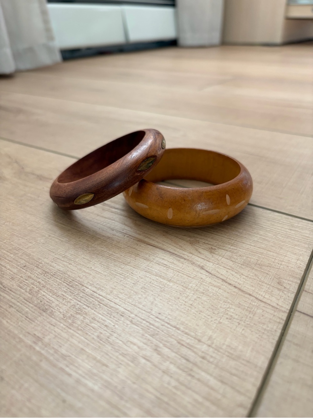 Vintage Yellow Carved Chunky Bangle Bracelet and Dark Wood Bangle Set